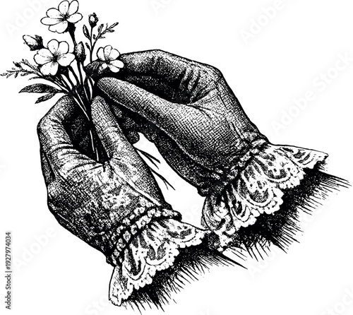 Close-up of a woman’s gloved hands gathering a few delicate flowers, lace sleeve and stems defined through
