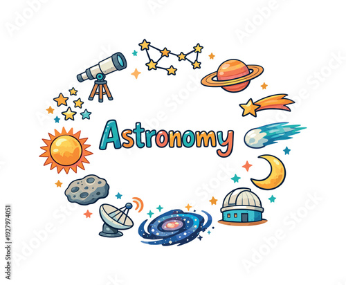 Astronomy. Hand drawn illustration of Astronomy. telescope, constellation, shooting star, planet with rings,