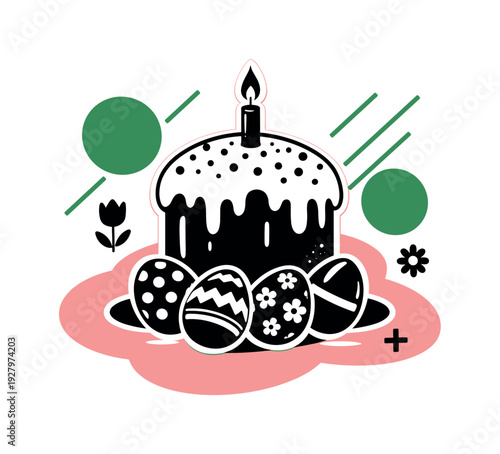 Modern poster-style graphic collage of a single oversized black and white festive Easter cake and decorated