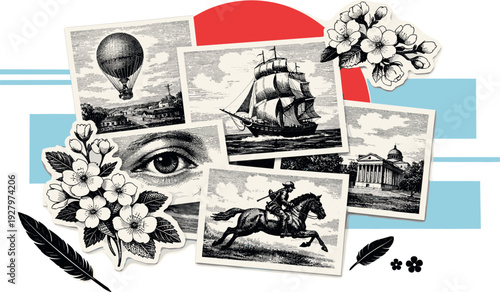 Minimalist editorial collage of overlapping black and white antique newspaper illustration plates with floral