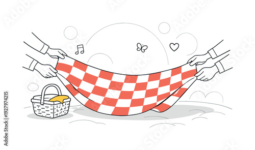 Family picnic preparation. Hands spreading out a picnic blanket smoothly across the ground, small basket