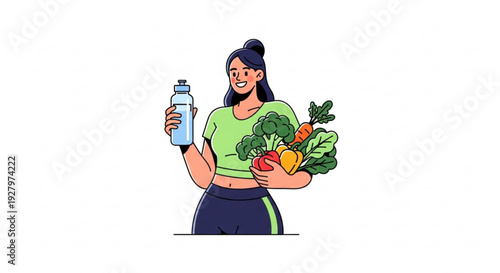 Woman holding water bottle and fresh vegetables smiling healthy lifestyle