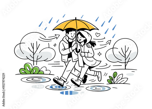 Spring Rain Walk. A cozy outdoor scene with a couple sharing one umbrella, raindrops angled slightly to
