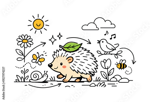 Sunny Garden Wildlife Scene. A lively spring garden with a hedgehog carrying a small leaf on its back,