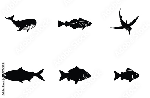 Whale and fish silhouettes assortment featuring humpback whale flying fish and cod for maritime industry graphics oceanography education and coastal restaurant branding vector design illustrations