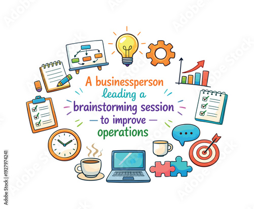 A businessperson leading a brainstorming session to improve operations. Hand drawn illustration of A