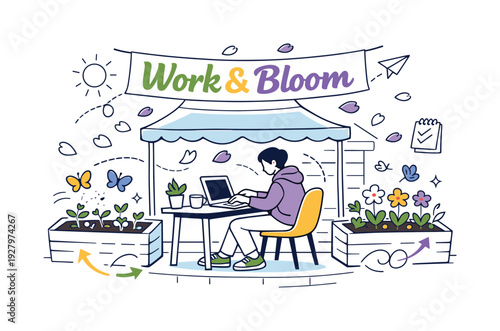 Compact Home Outdoor Workspace. A tiny house patio with a small desk under a light canopy, a person working on