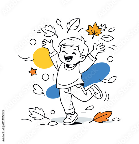 Playful Leaf Toss. Kids leaf playtime. A cheerful child tossing falling leaves into the air, dynamic pose with