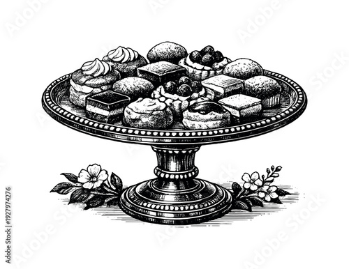 A single tiered cake stand holding small pastries, a few simple floral stems suggested near the base, black