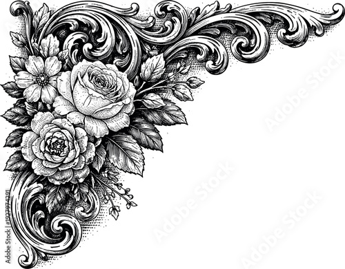 Close-up of a corner section of a Victorian floral frame showing layered flowers and decorative scrollwork,