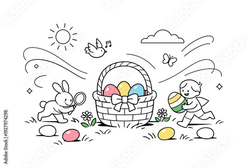 Spring park celebration. A woven egg hunt basket placed on fresh grass with scattered pastel eggs around, tiny