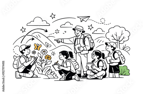 Outdoor Learning Adventure. Students gathered around a guide who gestures toward flowers and trees, notebooks