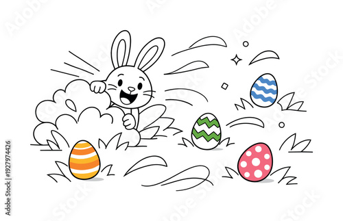 Easter Bunny Adventure. Egg hunt adventure. An excited Easter bunny peeking from behind a bush while colorful