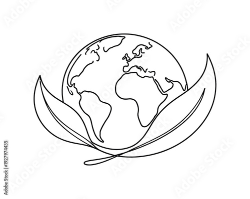 "Eco Planet". Minimalistic one-line drawing round earth shape embraced by curved leaf forms, continuous single