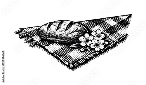 A single picnic blanket corner with a loaf of bread and a few simple spring blossoms resting on top,