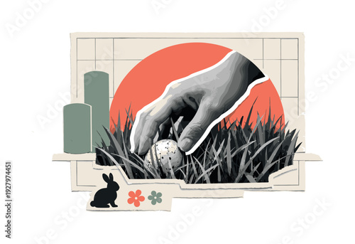 Contemporary modern-retro collage featuring a black and white close-up of a hand reaching for a hidden Easter