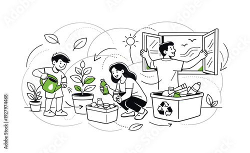 Green Living at Home. A cozy interior where a family waters indoor plants, separates recyclables, and opens