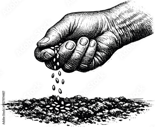 Gardener's Hand Engraving. nd visually balaA single close-up of a gardener’s hand gently releasing small seeds