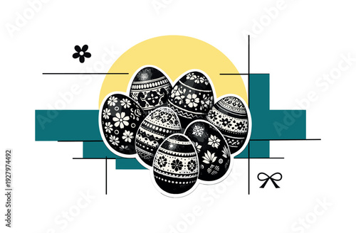 Modern graphic collage of black and white vintage Easter eggs with ornate patterns arranged in a balanced
