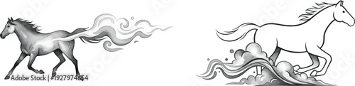 Two running horses, one with a flowing smoky tail and the other splashing through water, in a grayscale vector illustration