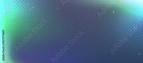 Film lens effect on black transparent background and teal blue colors. Camera leak filter and light overlay effect with grain for mobile photo, green lens flare bokeh png bg, gritty noise texture.