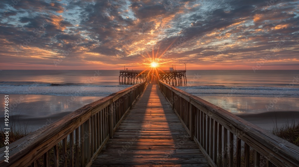 Fototapeta premium Serene Sunset Over Ocean Pier with Vibrant Sky and Calm Waters Captured in Golden Hour Light