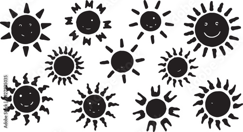 A cheerful set of black ink-style sun illustrations with various facial expressions and decorative rays, isolated on a white background for summer-themed designs.