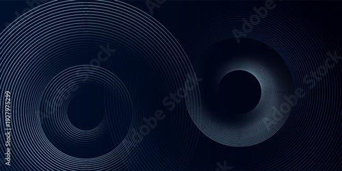 Blue abstract background with glowing circles. Swirl circular lines pattern. Geometric spiral. Twirl element. Modern graphic design. Futuristic technology concept.