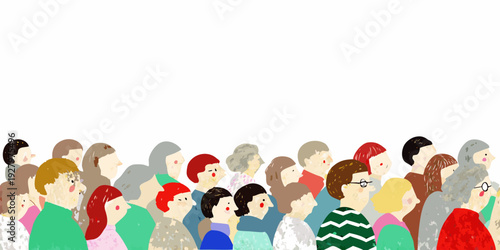 A diverse group of illustrated people standing closely together