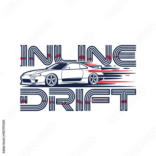 Inline drift racing car design with bold graphics and red accents tshirt design