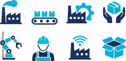 Industrial Production and Logistics Icon Set for Manufacturing, Automation, Supply Chain, and Smart Factory Concepts in Blue Colors