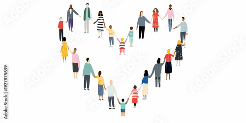 Diverse group of people forming a heart shape symbolizing unity
