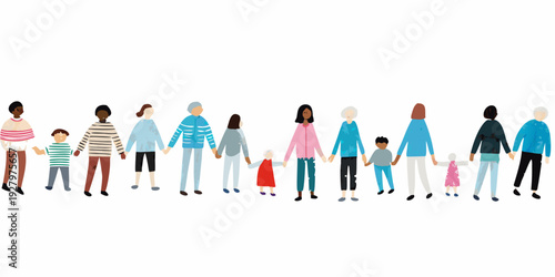Diverse group of people holding hands in a colorful illustrated line