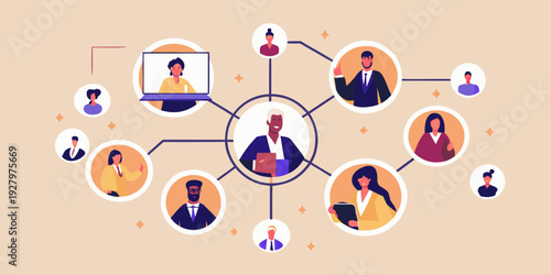 Diverse group connecting through video conferencing and digital network illustration