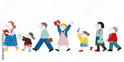 A cheerful illustration depicts a diverse group of people walking together