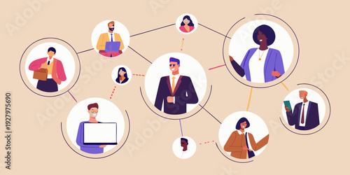 Diverse group of people connected by a network of lines and circles