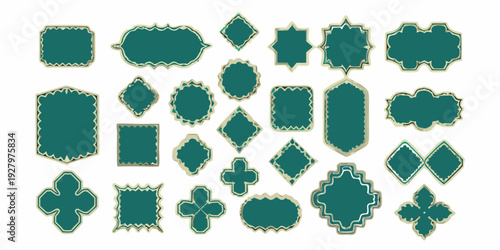 Collection of ornate teal frames and decorative design elements