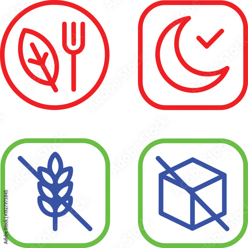 Dietary restriction and meal icons showing gluten free sugar free leaf and moon symbols