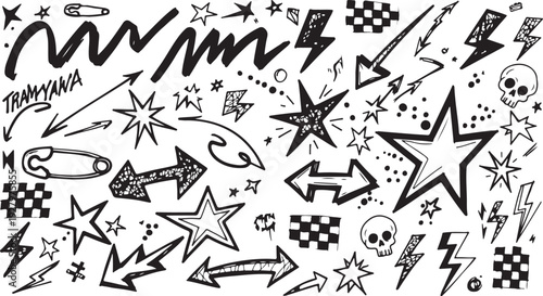 A versatile set of black ink-style "street culture" illustrations featuring skulls, lightning bolts, stars, and safety pins, isolated on a clean white background for easy layering.