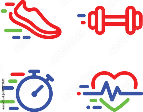 Fitness and sports activity icons with running shoe dumbbell stopwatch and heart rate line