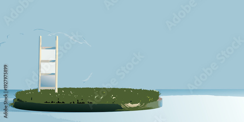 A surreal illustration of a ladder reaching towards a water spout