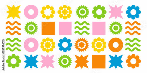 Colorful geometric shapes and floral designs arranged in a grid pattern