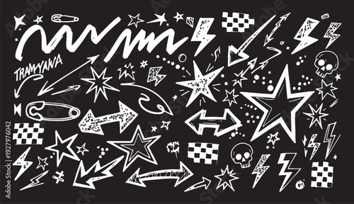 A high-energy collection of white "street style" hand-drawn elements including lightning bolts, stars, safety pins, skulls, and arrows over a solid black chalkboard-style background.