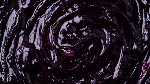 Swirl of dark purple blueberry jam captures rich texture in macro view during daytime