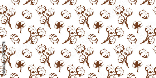 Seamless pattern with flat style cotton flower. Background for textile print, organic design, packaging and bed linen.