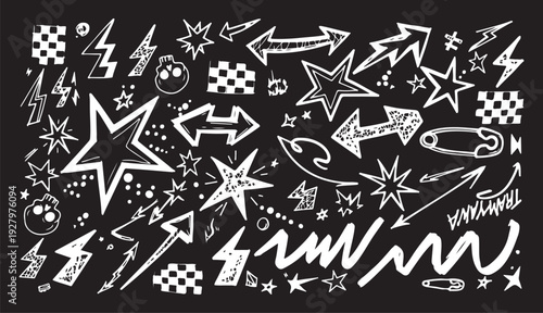 A high-energy collection of white hand-drawn "street style" elements including lightning bolts, stars, safety pins, skulls, and arrows over a solid black background.