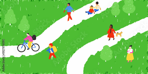 People enjoying outdoor activities along a winding white path