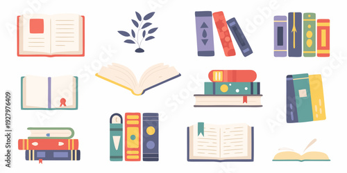 Colorful illustration depicting various open and stacked books with plant