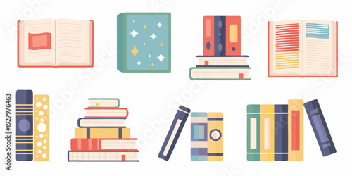 Colorful illustration depicting various stacks and single books in different styles