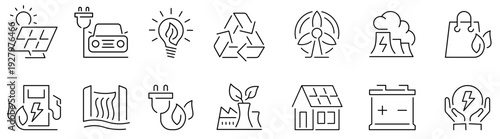 Green Energy icon set. Sustainability. Eco friendly green energy icons. Solar Panel, Wind Turbine, Recycling, Electric Car, Power plug, Eco factory, Eco shopping, Hydro power. Editable stroke. Vector 